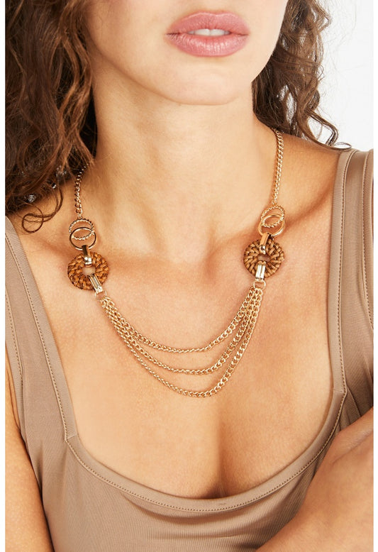 Paloma Chain and Raffia Necklace Brown/ Gold