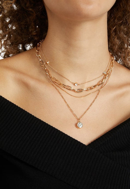 Annie Layer Chain Necklace With Glass Pendant Crystal/ Gold