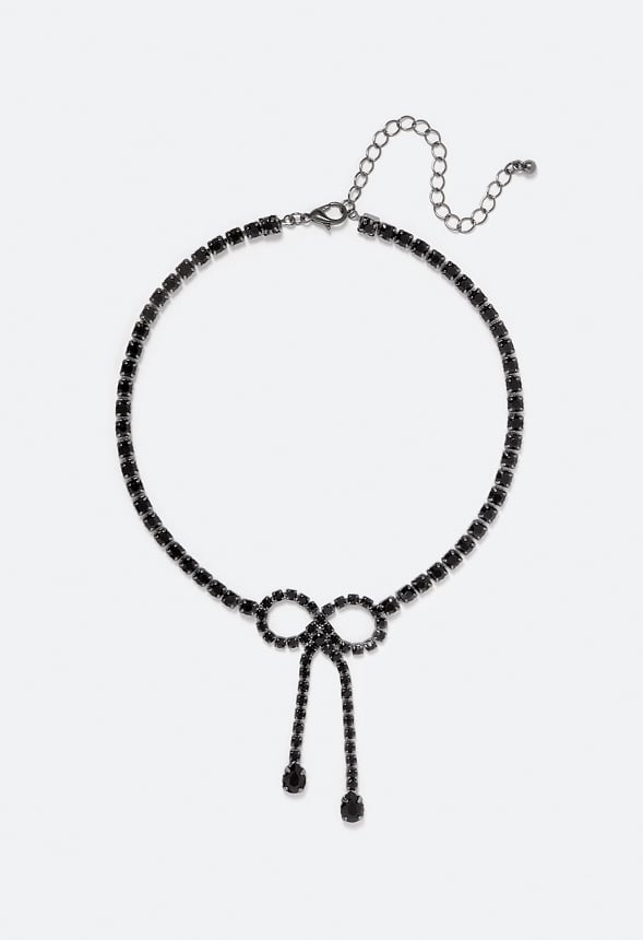 Birdie Glass Stone & Teardrop Bow Choker  Jet/ Gunmetal