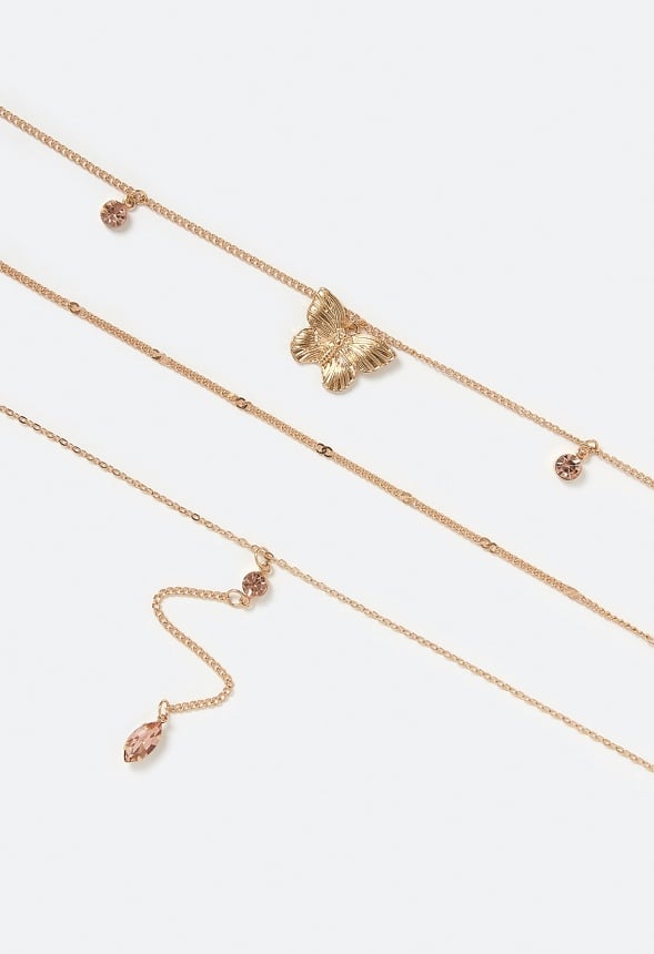 Salma Layered Y-Drop Necklace With Blush Glass Navettes & Butterfly Charm Blush/ Gold