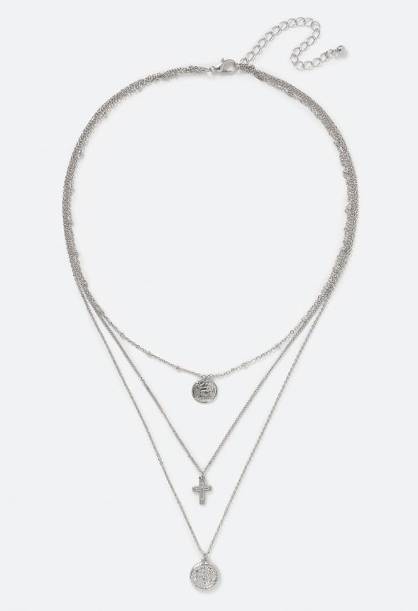 Kori Fine Layered Coin and Cross Necklace Silver