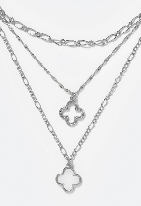 Kayla Layered Chain Necklace with Clover Motif Crystal/Silver