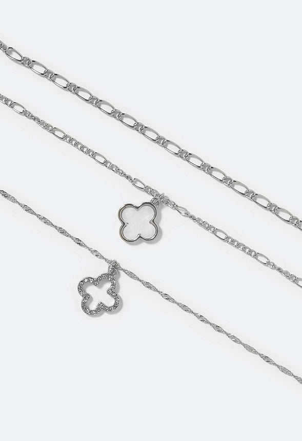 Kayla Layered Chain Necklace with Clover Motif Crystal/Silver