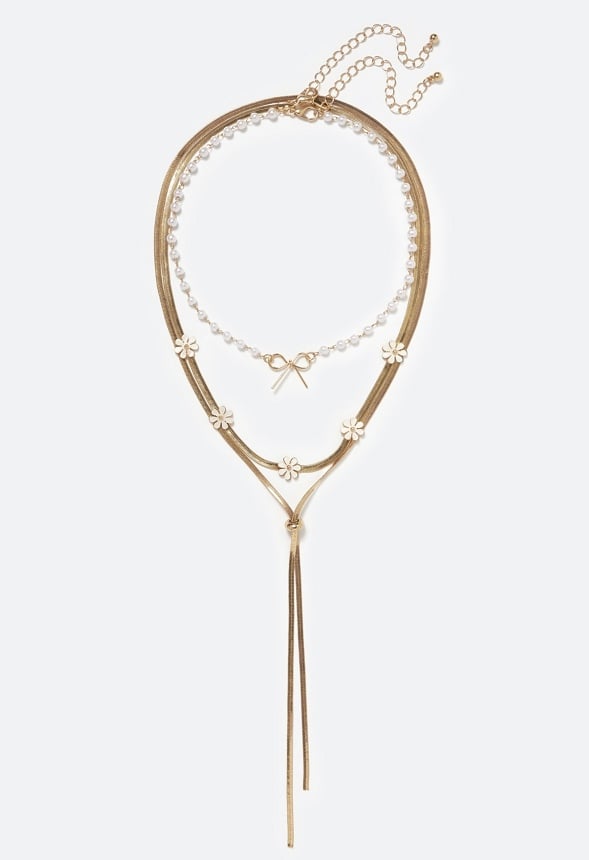 3-Rows Zia Layered Necklace with Flowers And Bow Detail Cream/ Gold