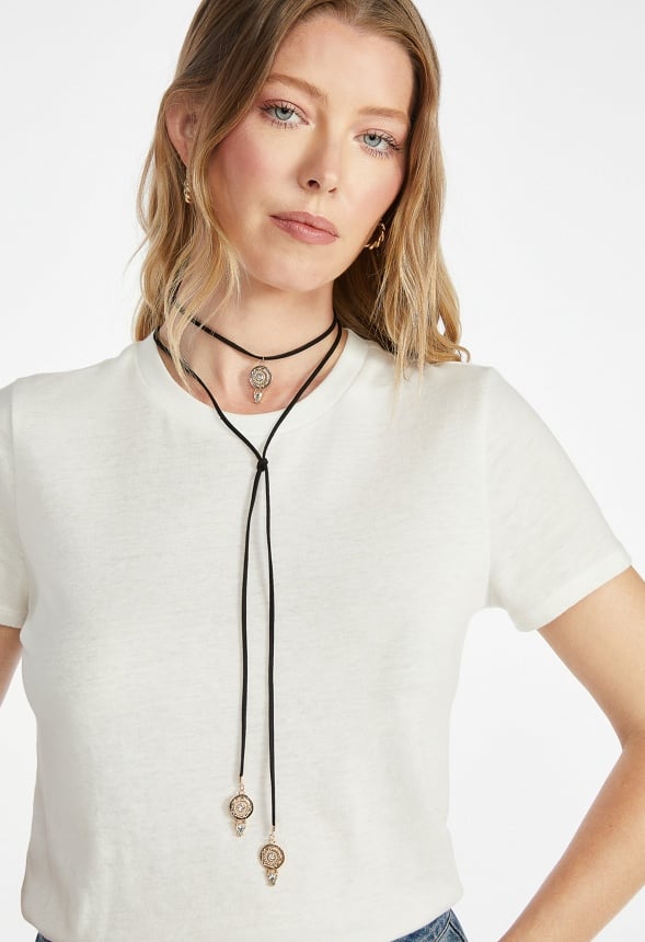 Remi Faux Leather Lariat Necklace With Western Motifs Black/ Gold