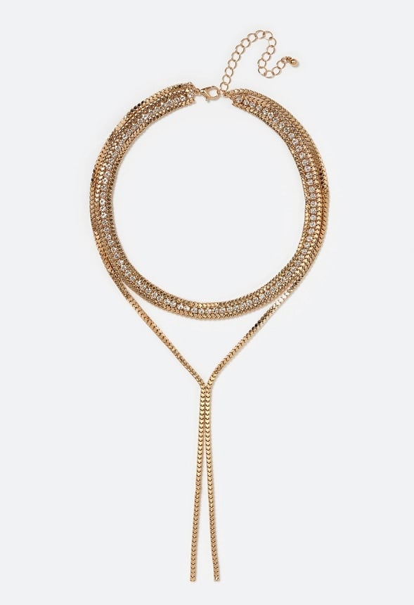 Ella 2 Row Box Chain And Glass Stone Necklace With Y Drop Crystal/ Gold