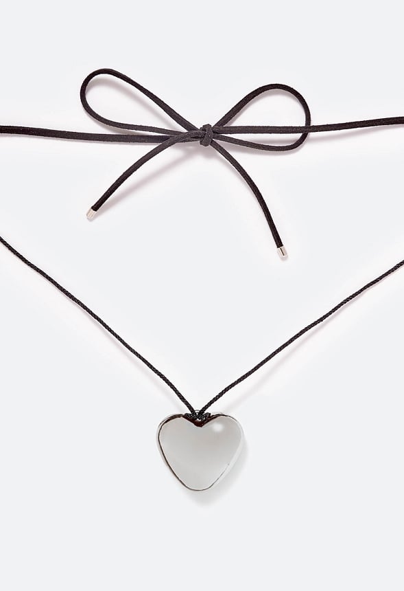 Amie Puff Heart On Faux Suede Wrap Around Choker Silver/ Black