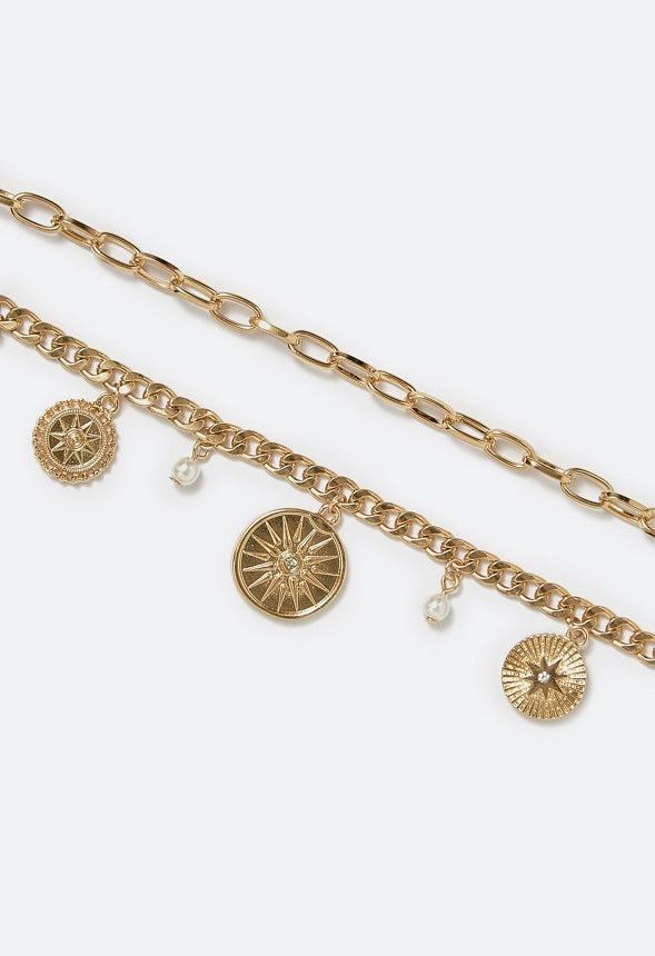 Evie 2 Rows Charm Necklace With Celestial Coins & Glass Pearls Cream/ Gold