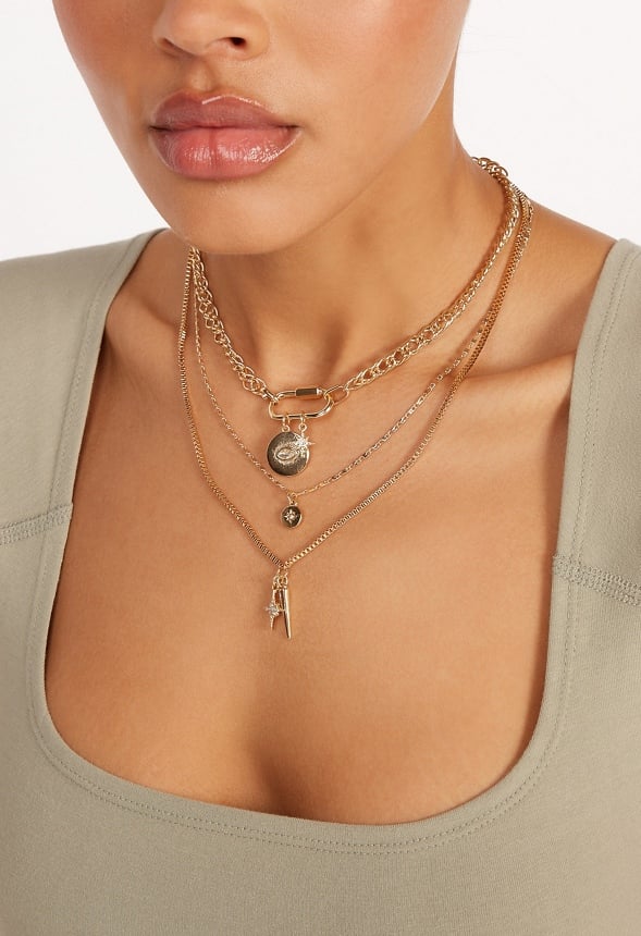 3-Rows Kate Necklace With Mix Charms And Carabiner Clasp Crystal/ Gold