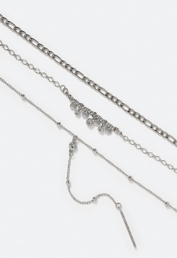 3-Rows Elia Necklace With Glass Stones And Disc Drops Silver/ Silver