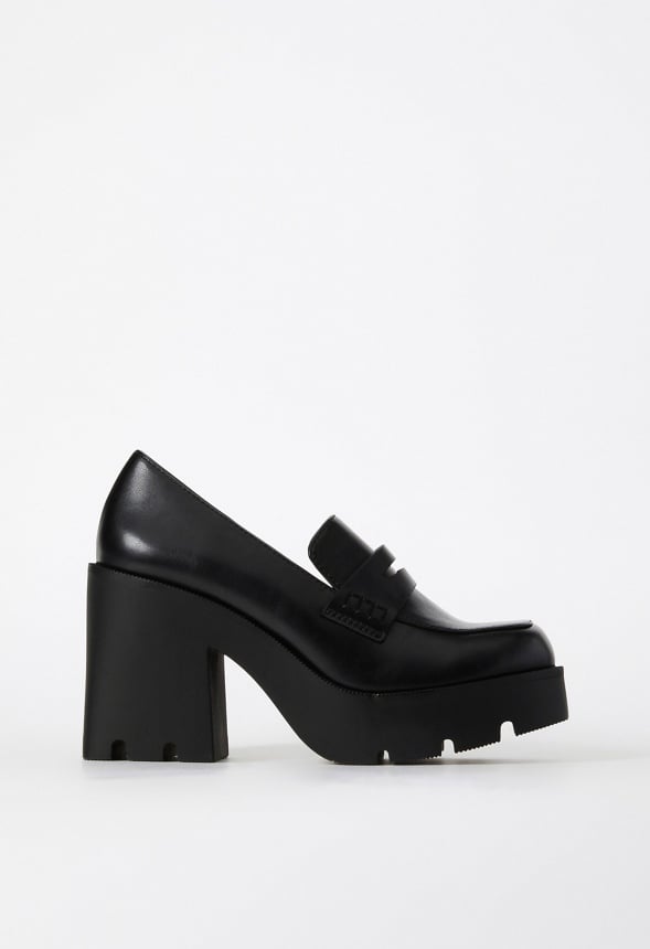 Cher Heeled Lug Sole Loafer Black Caviar