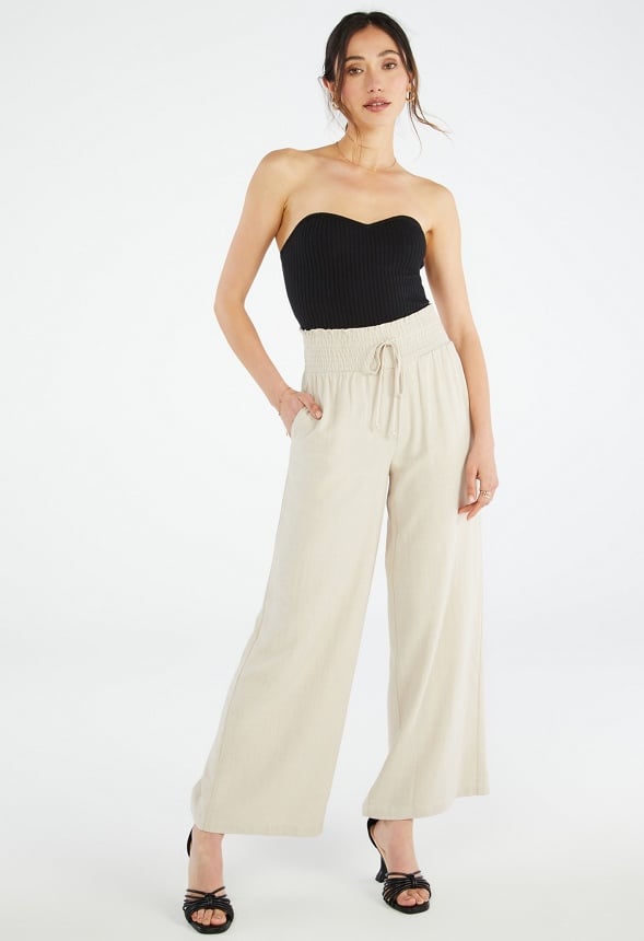 Smocked Wide Leg Trousers Cement Beige