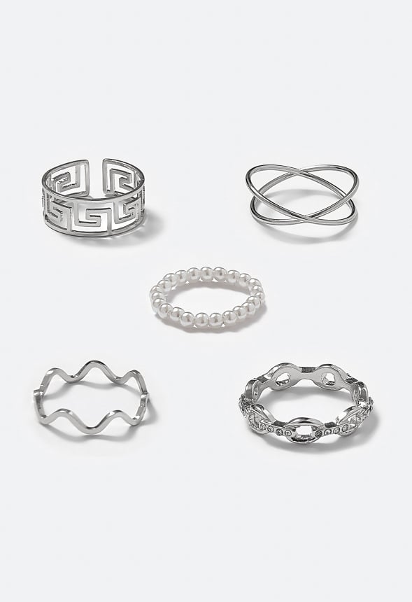 Rene Glass Pearls And Mix Motif Rings Pack Silver