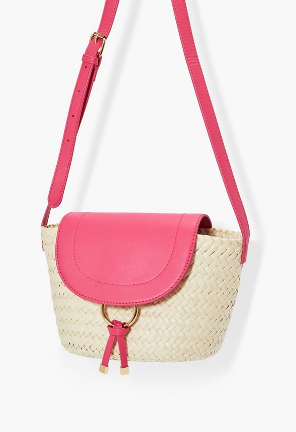 Raffia Flapover Shoulder Bag Natural/Fuchsia