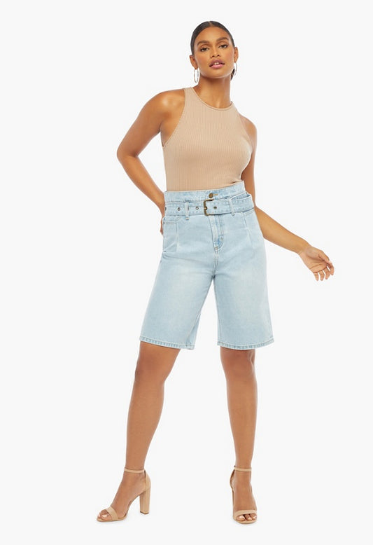 Paperbag Bermuda Denim Shorts Light Wash