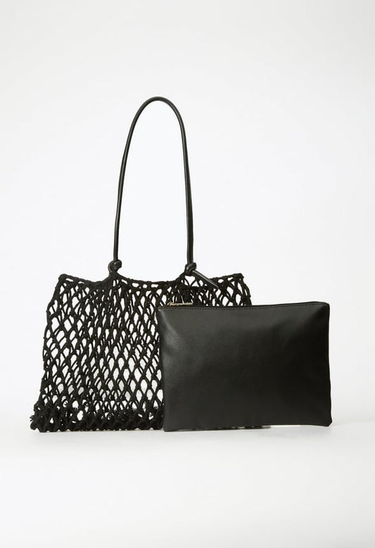 Macrame Tote with Knotted Handles Black